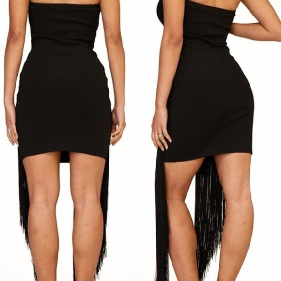Callie Maxi Fringe: Statement Black Strapless Bandage Tube Mini Dress - Picture 2 of 4